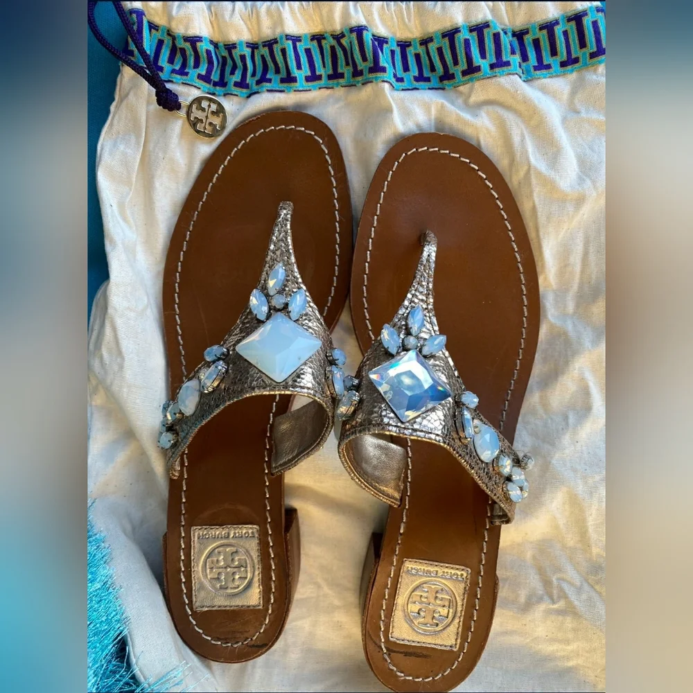 Tory Burch Designer Crystal and Gold Leather Rhinestone Sandals Size 10